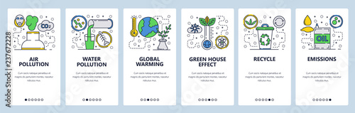 Web site onboarding screens. Global warming, environment pollution and waste recycle. Menu vector banner template for website and mobile app development. Modern design linear art flat illustration.