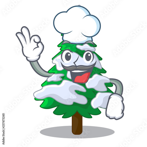 Chef firs with snow on character tree