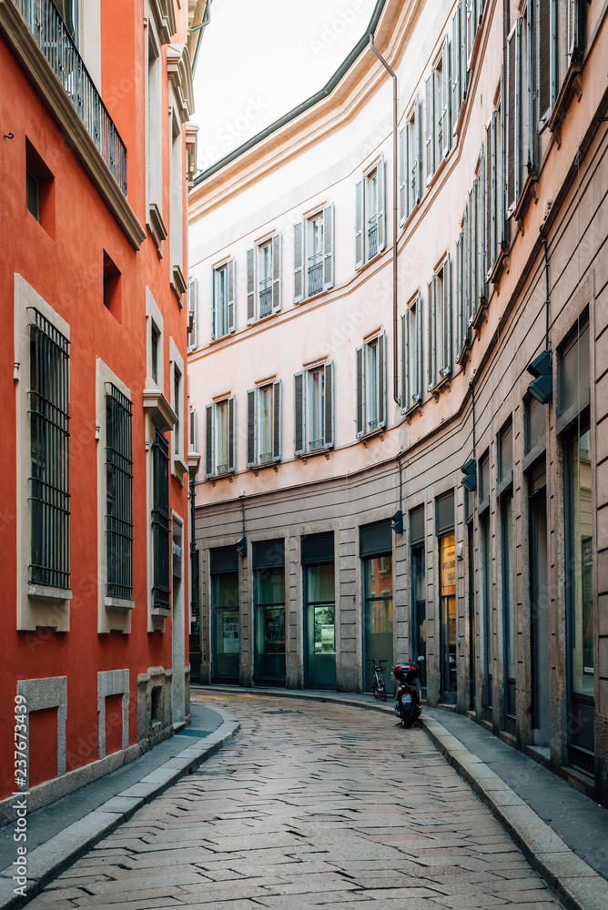 A narrow street in Milan, Italy