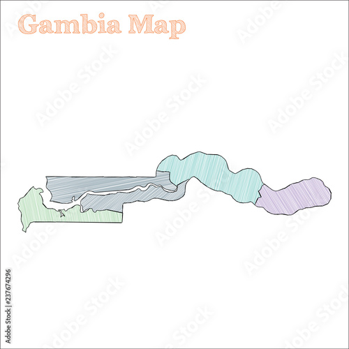 Gambia hand-drawn map. Colorful sketchy country outline. Grand Gambia map with provinces. Vector illustration.