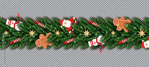 Border with Santa Claus, Christmas Tree Branches, Golden Stars, Red Rockets, Snowman and Gingerbread Man