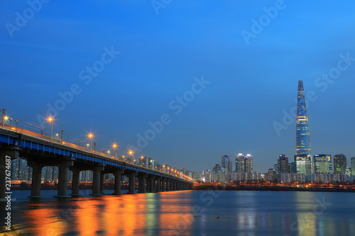 the night view of the bridge at the Han River in Seoul