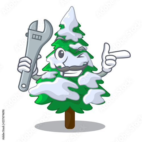 Mechanic fir with snow christmas tree cartoon