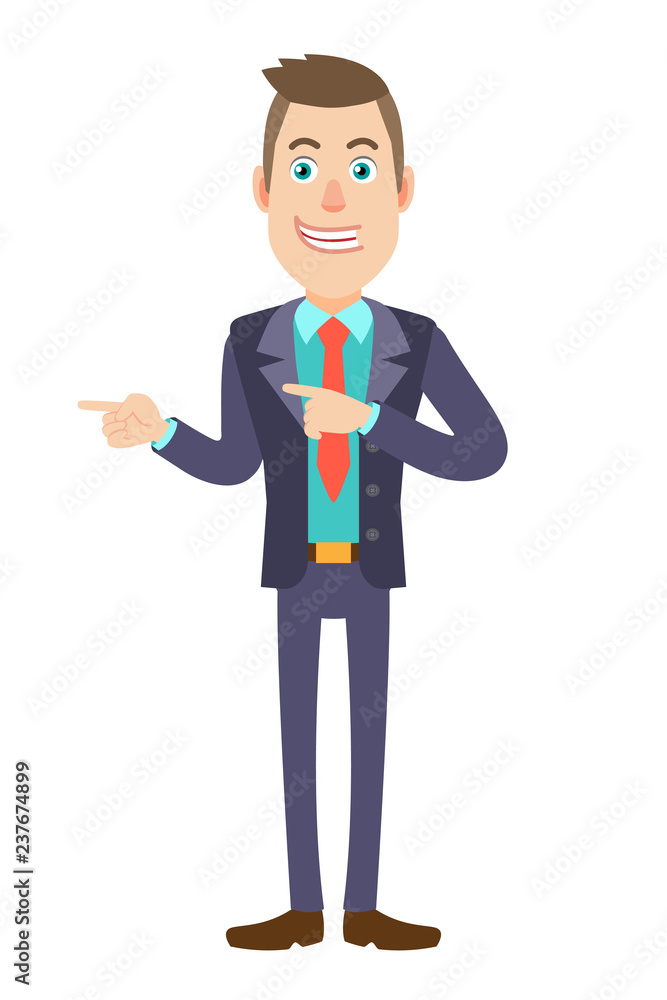 Businessman pointing something beside of him Businessman pointing something beside of him