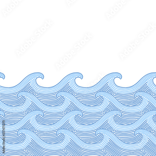 Blue and white doted ocean waves seamless border, vector
