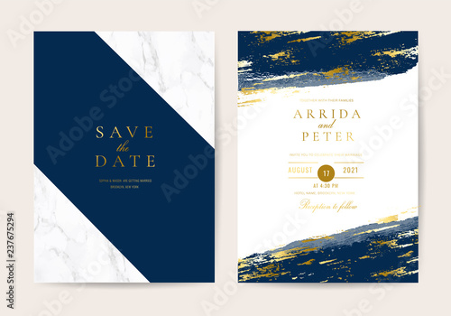 Wedding invitation cards with marble texture background and gold geometric  line design vector.
