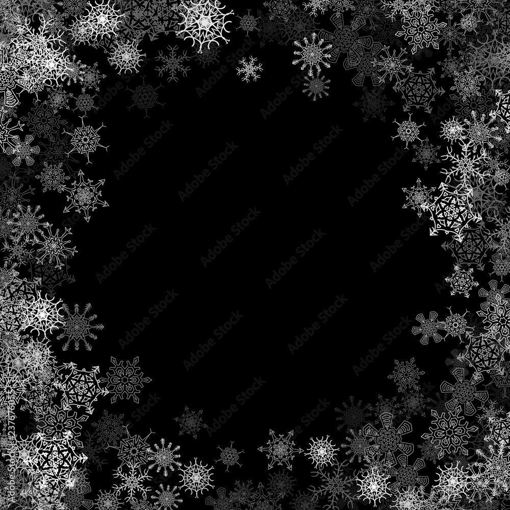 Fototapeta premium Snowfall with random snowflakes in the dark