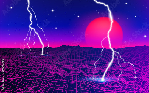 Retro 80s styled futuristic landscape with neon sun or moon and lightning in digital space with shiny grid