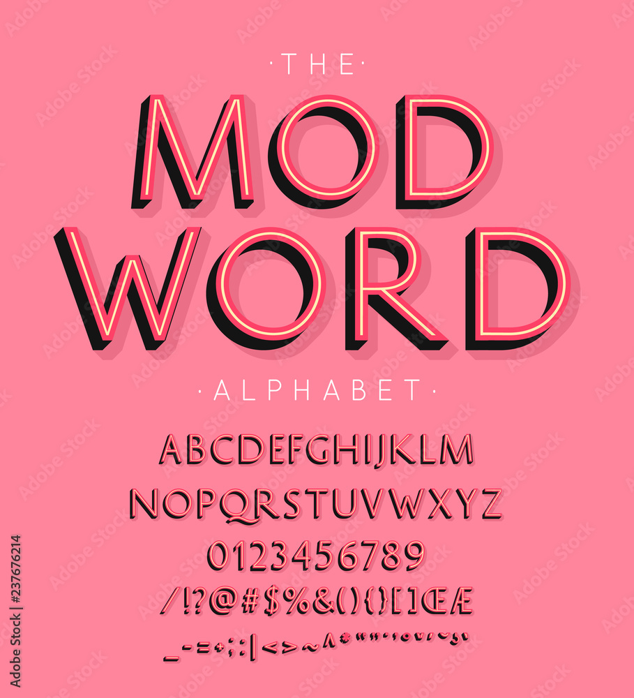 Mod Word vector font and alphabet with numbers, signs and symbols