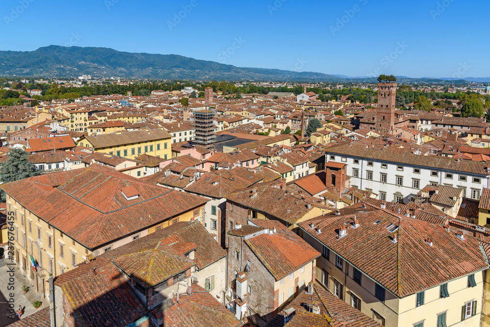 Fototapeta premium View on city from Torre delle Ore clock tower in Lucca. Italy
