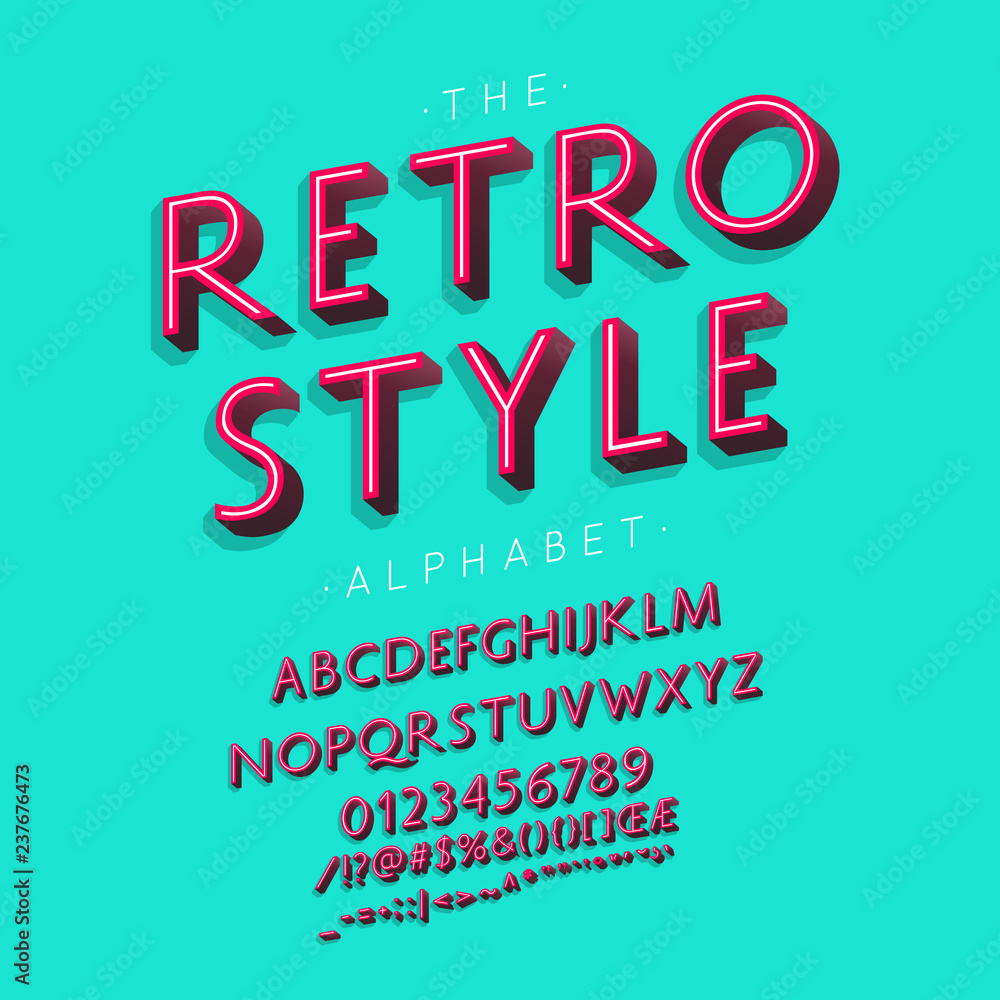 Retro Style vector font and alphabet with numbers, signs and symbols