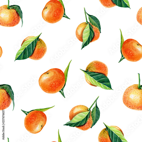 Watercolor Tangerines with leaves. Semless pattern for print design.Mandarin orange fruit.