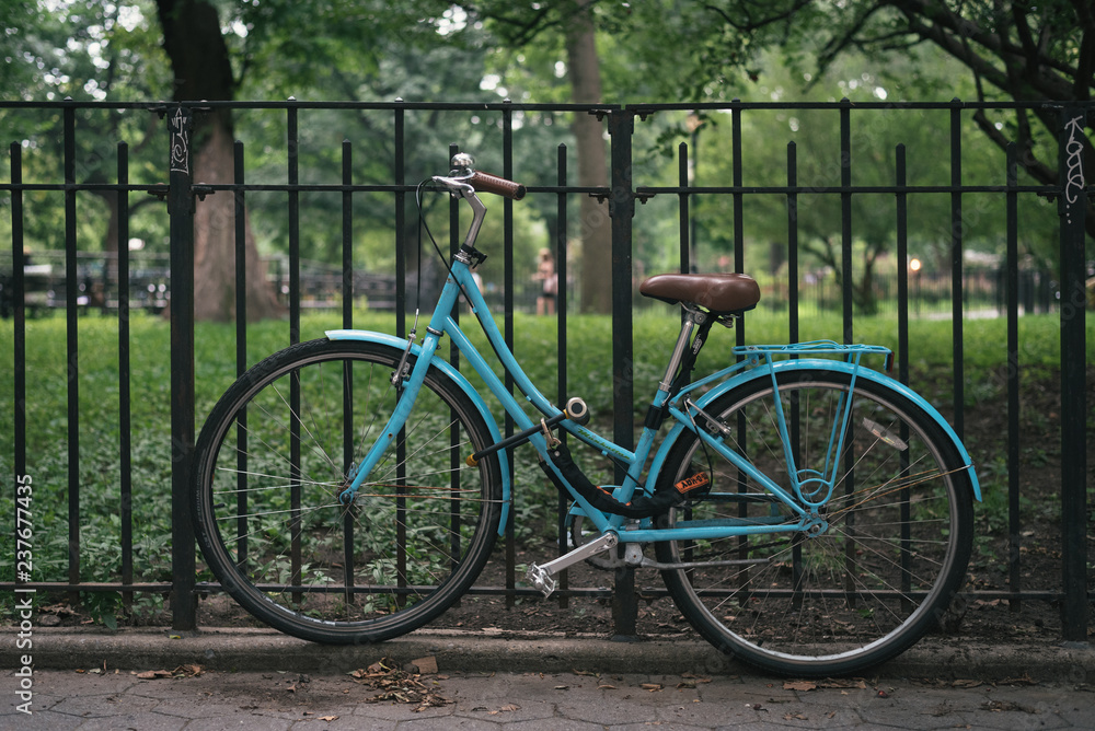 A blue bike at Tompkins Square Park, in the East Village, Manhattan, New York City