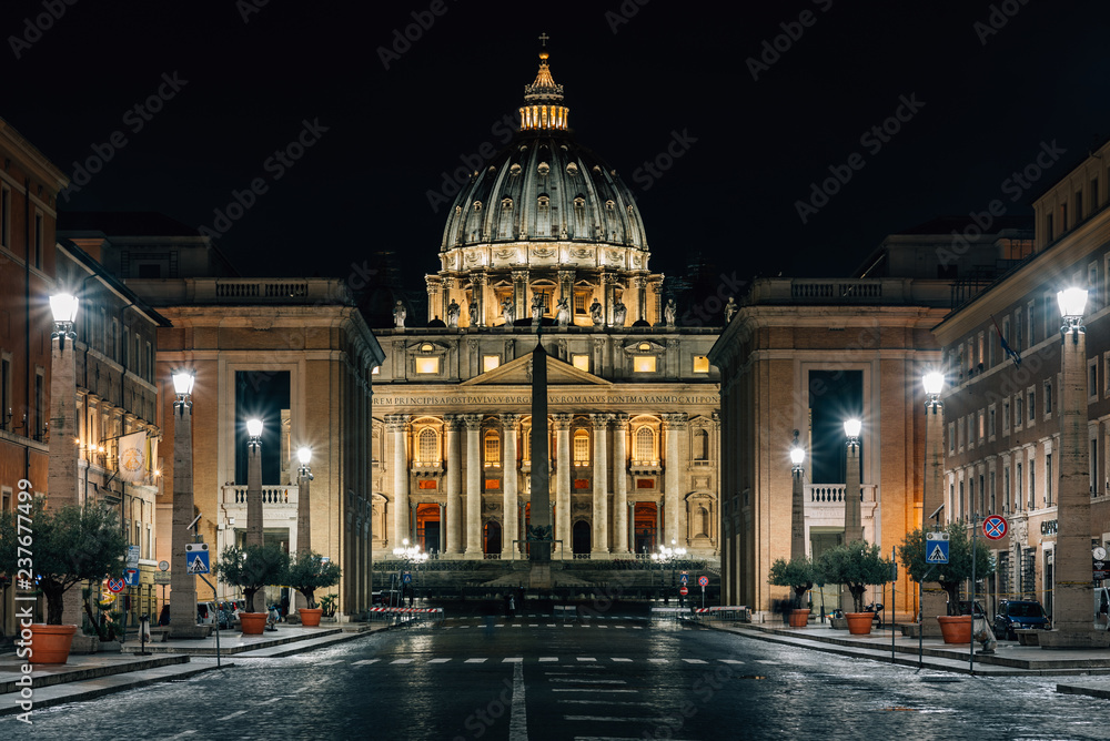 St. Peter's Basilica at night, in Vatican City, Rome, Italy