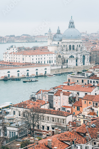 View of the Basilica di Santa Maria della Salute from Saint Marks Campanile, in Venice, Italy © jonbilous