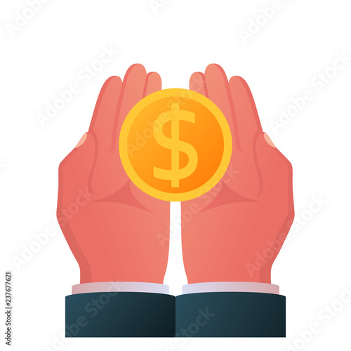 Ask money. Man holds in open palms of coin. Money in hand. Vector illustration flat design.  Concept of charity, alms, donate. Financial support.