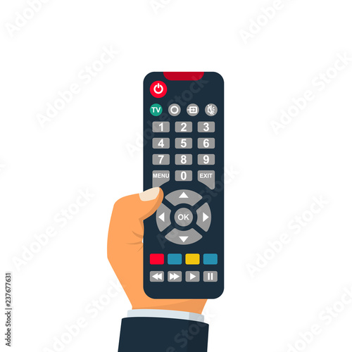 Remote control holding in hand. Wireless television control. Social media. Rest at home, while watching programs. Vector illustration flat design. Isolated on white background.