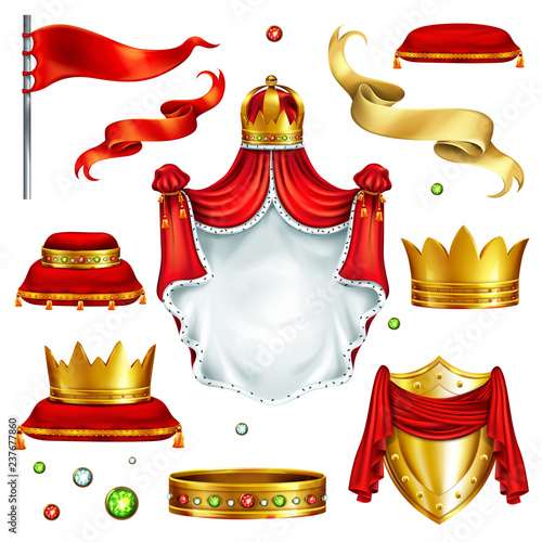 Big set of monarch power symbols and wealth attributes 3d realistic vector isolated on white background. Heraldic emblem, golden crowns with gems, precious stones, silk ribbons and flag illustration