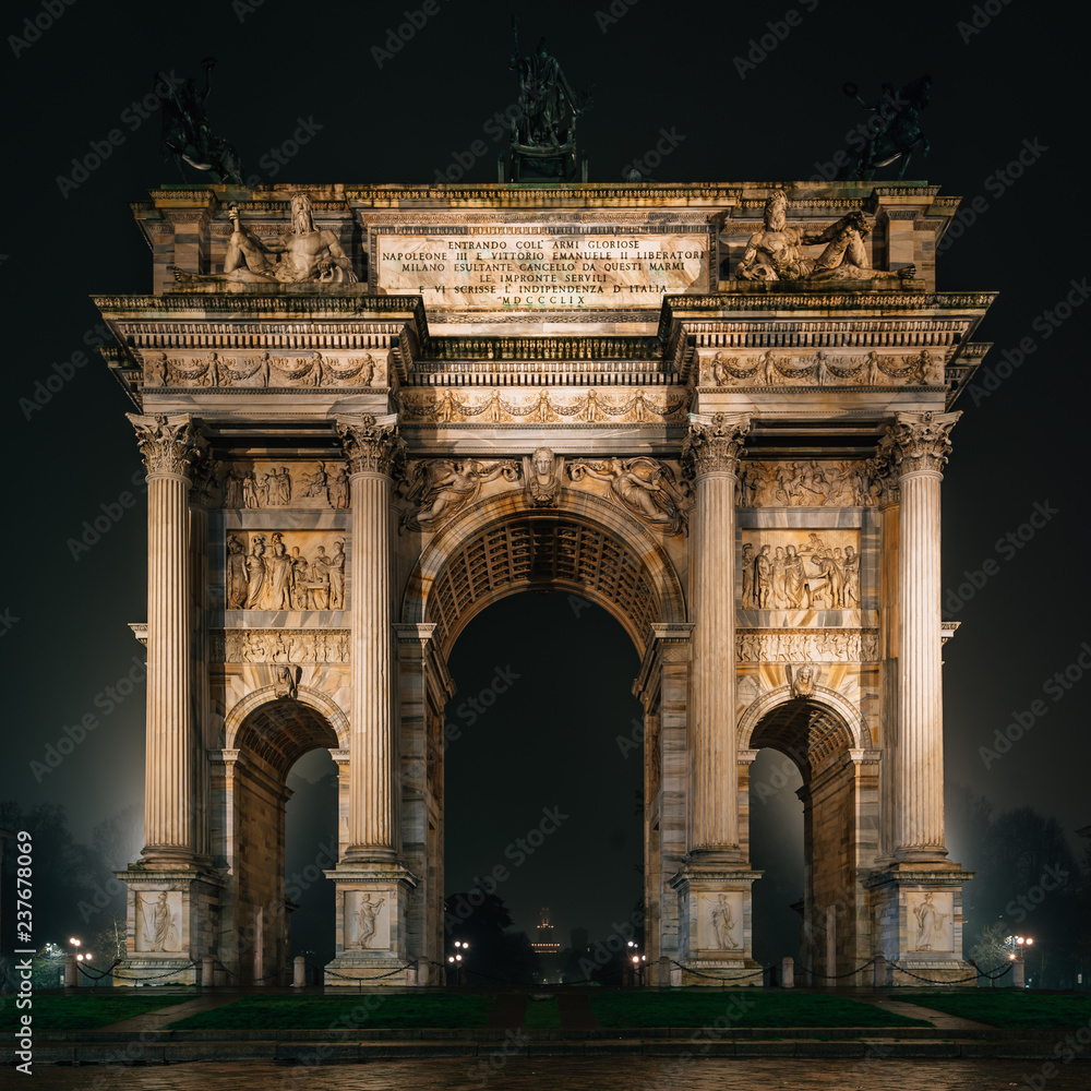 The Arco della Pace at night, in Milan, Italy.