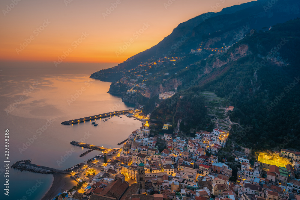 A sunset view of Amalfi, from Torre dello Ziro, on the Amalfi Coast in Campania, Italy.