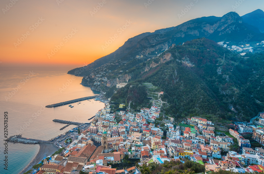 A sunset view of Amalfi, from Torre dello Ziro, on the Amalfi Coast in Campania, Italy.