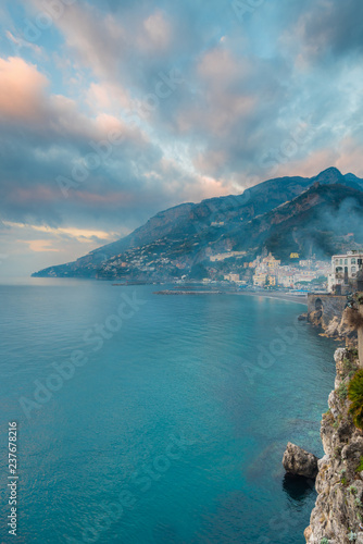 View of the Amalfi Coast at sunrise in Campania, Italy