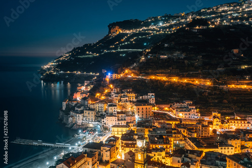 Night view of Minori, on the Amalfi Coast in Campania, Italy