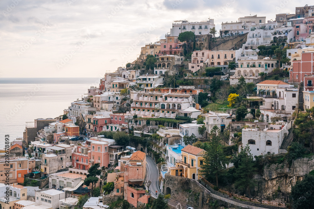 View of buildings on the hillside in Positano, on the Amalfi Coast in Campania, Italy