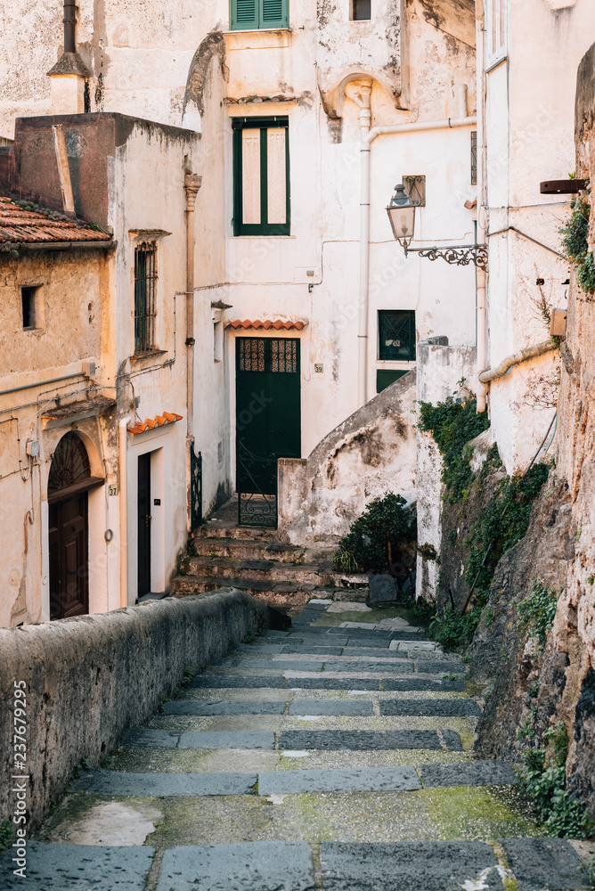 A narrow staircase in Minori, on the Amalfi Coast in Campania, Italy