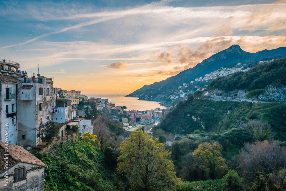 Fototapeta premium Sunset over Vietri Sul Mare, on the Amalfi Coast in Campania, Italy