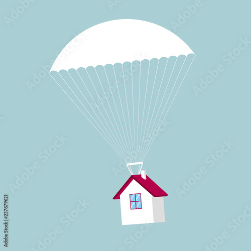 Airdrop concept design,house fall from the sky. The background is blue.