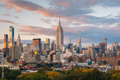 View of the Midtown Manhattan skyline at sunset, in New York City