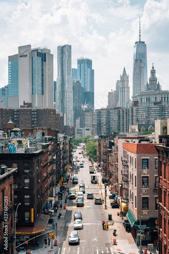 View of Madison Street and the Financial District from the Manhattan Bridge, in the Lower East Side, New York City