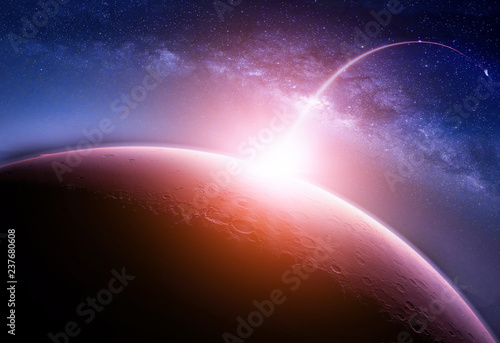 Landscape with Milky way galaxy. Sunrise and Planet view from space with Milky way galaxy. (Elements of this image furnished by NASA)
