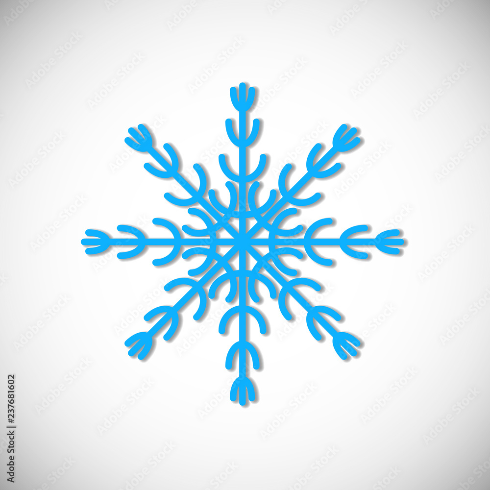 Vector illustration of winter snowflake. Isolated blue snowflake with shadow on on white vignette background. Cute picture for Christmas, New Year and winter design of postcard, paper, textile.
