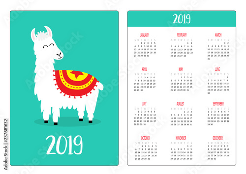 Cute alpaca llama. Simple pocket calendar layout 2019 new year. Week starts Sunday. Vertical orientation. Cartoon kawaii funny baby character. Flat design. Green background.