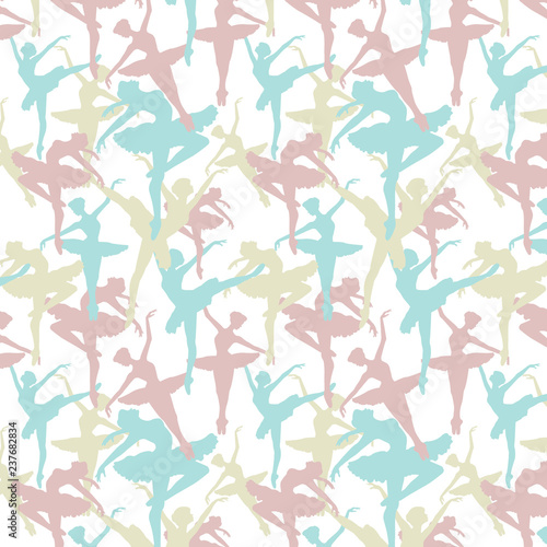 Seamless pattern of Dancing ballerinas silhoette in light-pink, blue and yellow  collors