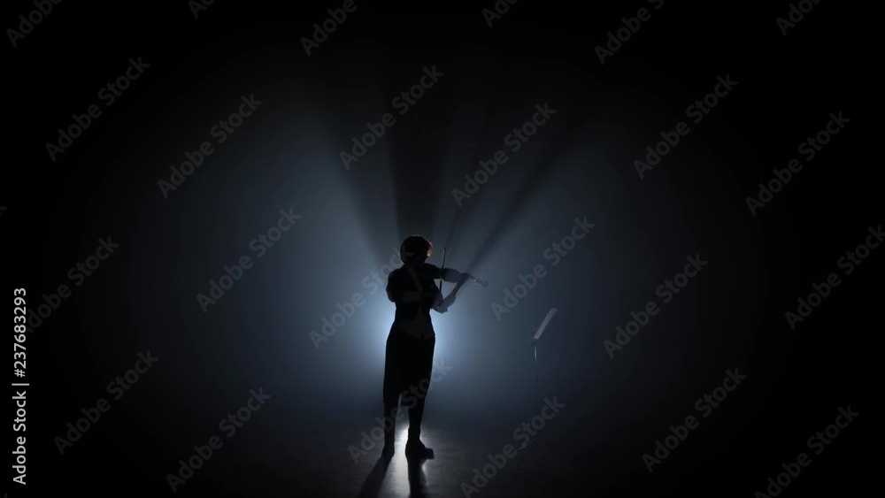 Woman plays the violin and looks at the music stand in the dark . Silhouette. Black smoke background Woman plays the violin and looks at the music stand in the dark . Silhouette. Black smoke background