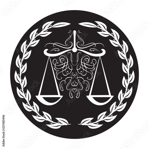 Lawyer sign of scale in laurel wreath on black background. Weigther for justice and arbitrate.