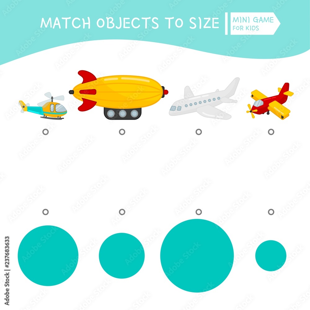 Fototapeta premium Matching children educational game. Match object to size. Activity for pre shool years kids and toddlers. Cartoon transport.