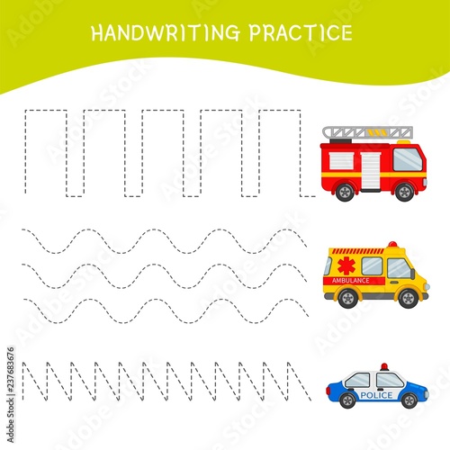 Handwriting practice sheet. Basic writing. Educational game for children. Cartoon cars.