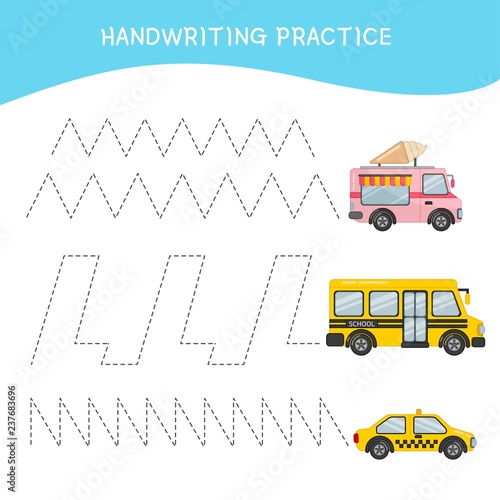 handwriting Handwriting practice sheet. Basic writing. Educational game for children. Cartoon transport.