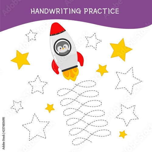 Handwriting practice sheet. Basic writing. Educational game for children. Cartoon rocket.3