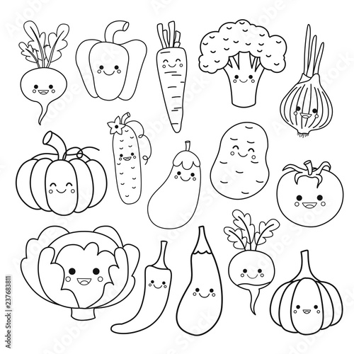 Vector set of cute vegetables. Coloring book  for kids.