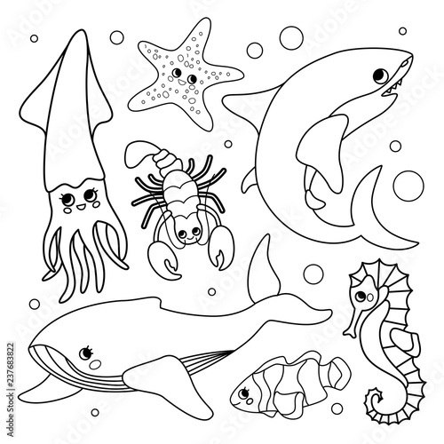 Vector set of underwater animals. Coloring book  for kids.