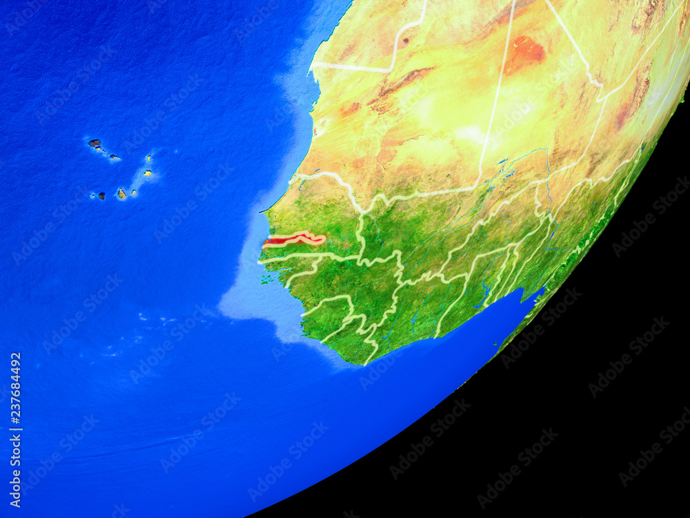 Fototapeta premium Gambia on planet Earth with country borders and highly detailed planet surface.