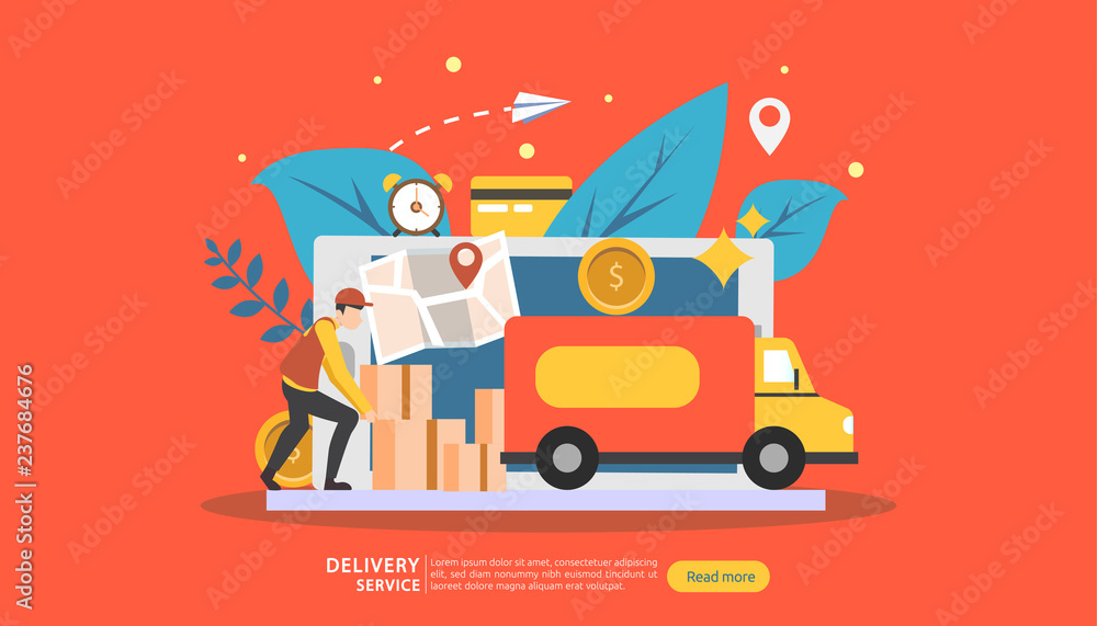 Online Delivery service. order express tracking concept with tiny character and cargo box truck. template for web landing page, banner, presentation, social media and print media. Vector illustration. Online Delivery service. order express tracking concept with tiny character and cargo box truck. template for web landing page, banner, presentation, social media and print media. Vector illustration.