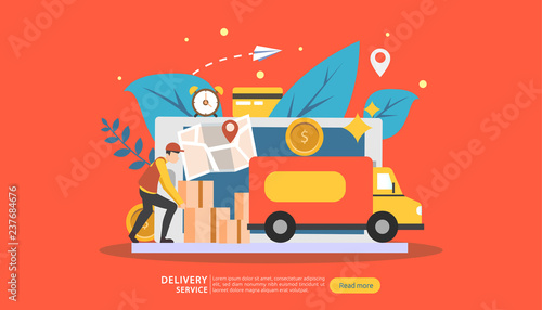 Online Delivery service. order express tracking concept with tiny character and cargo box truck. template for web landing page, banner, presentation, social media and print media. Vector illustration.