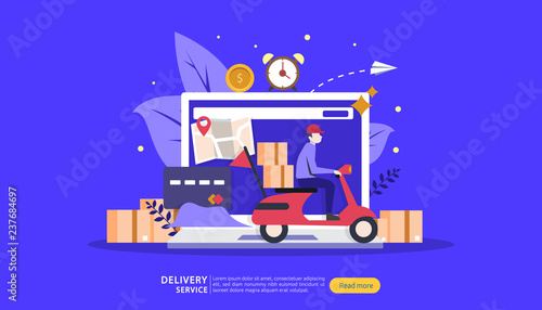 Online Delivery service. order express tracking concept with tiny character and cargo box truck. template for web landing page, banner, presentation, social media and print media. Vector illustration.