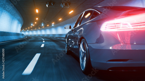 Modern Electric car rides through tunnel with warm yellow light 3d rendering
